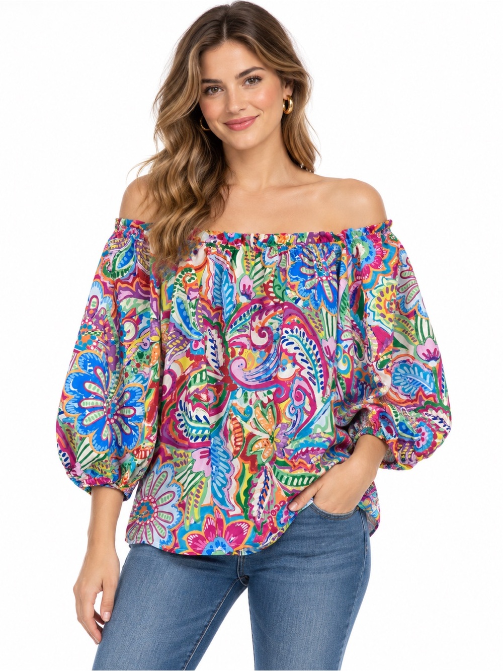Flying Tomato Multicolor Floral Off-Shoulder Peasant Top